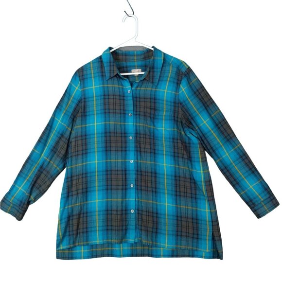 J. JILL Womens Button Up SZ L Plaid Turquoise Long Sleeve Boyfriend‎ Grunge 90's - Picture 1 of 10